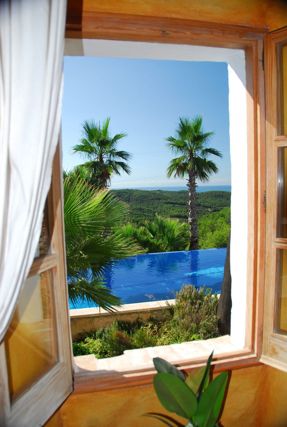 Vista de la piscina y las palmeras desde una ventana de la masía