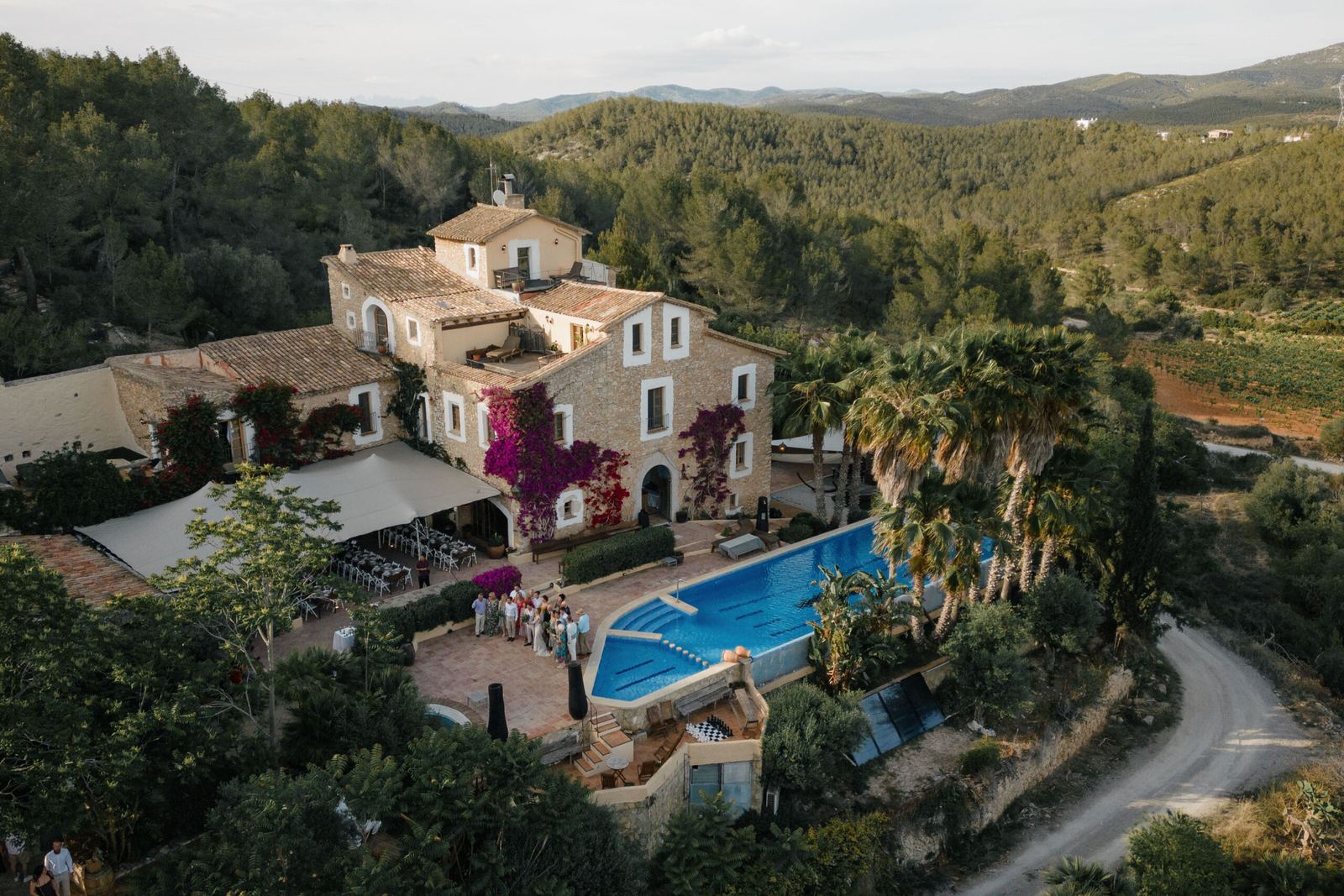 Aerial view of the masia and pool among woods and vineyards