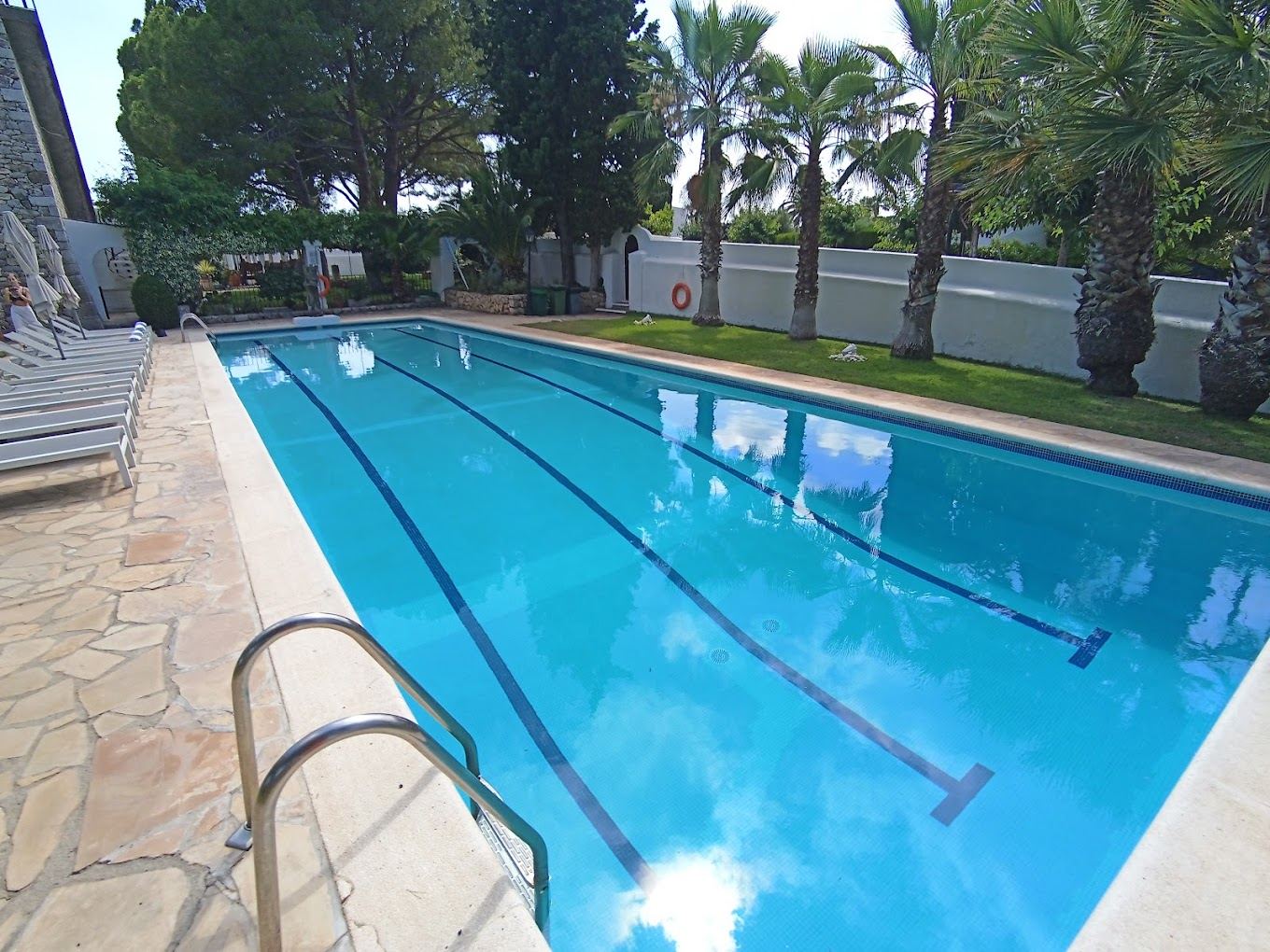 Piscina de Masia Pairal de día, rodeada de palmeras